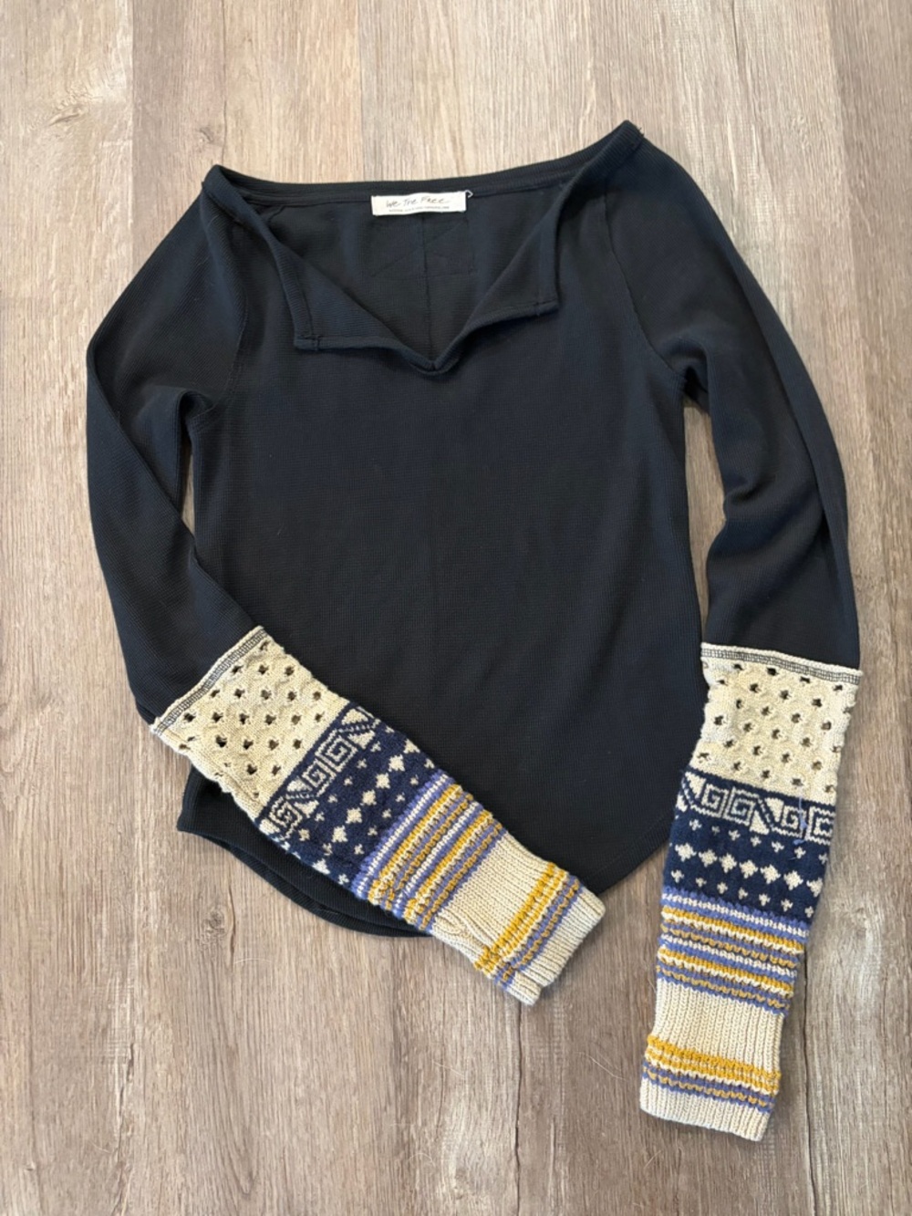 Free People Cozy Craft Cuff Top Womens M Black Mixed Knit Long Sleeve